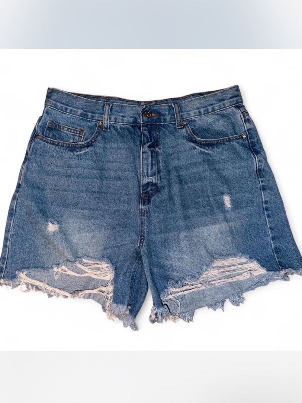 Forever 21 Distressed Mid-Rise Denim Cutoff Shorts - Blue
